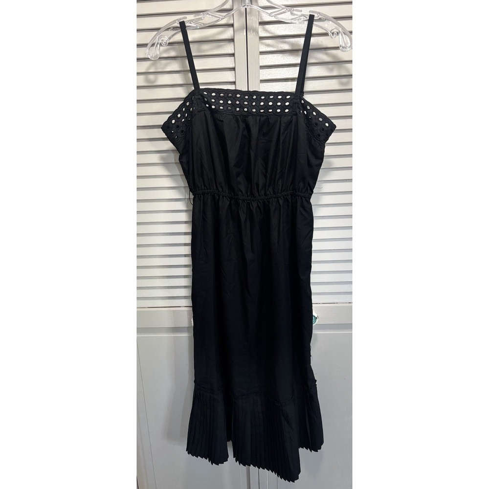 Bitten Black Eyelet Pleated Zip Midi Dress Size 6 Adj Straps Summer Light Flow